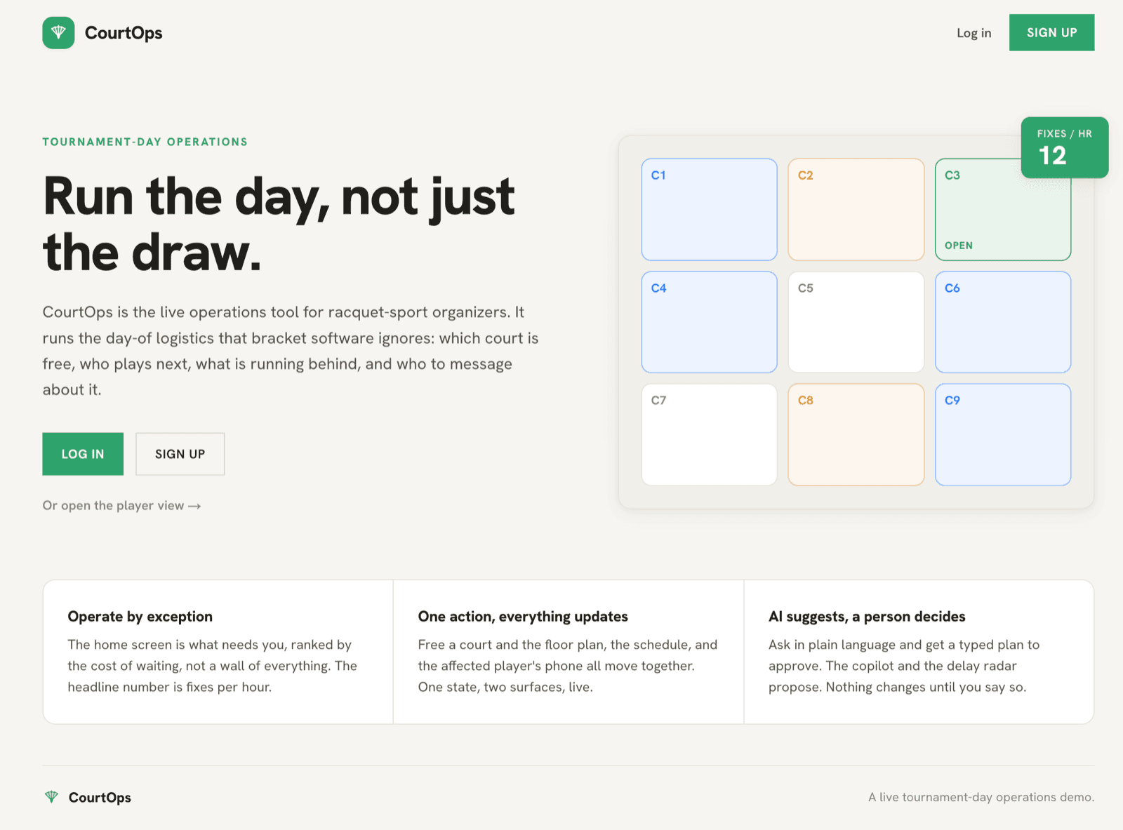 CourtOps landing page: 'Run the day, not just the draw' with three pillars: operate by exception, one action everything updates, AI suggests a person decides