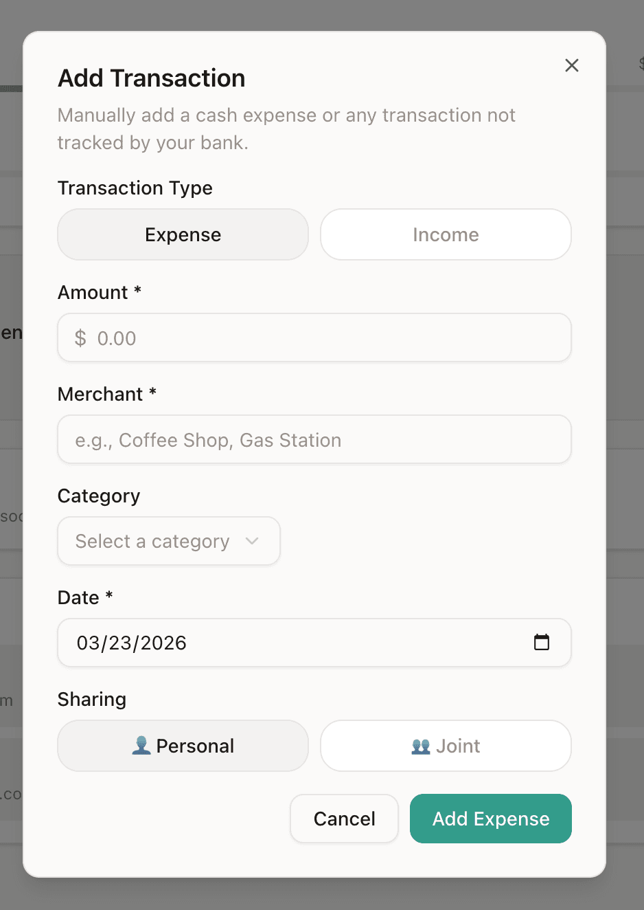 Add expense dialog with fields for amount, merchant, category, date, and personal/joint toggle