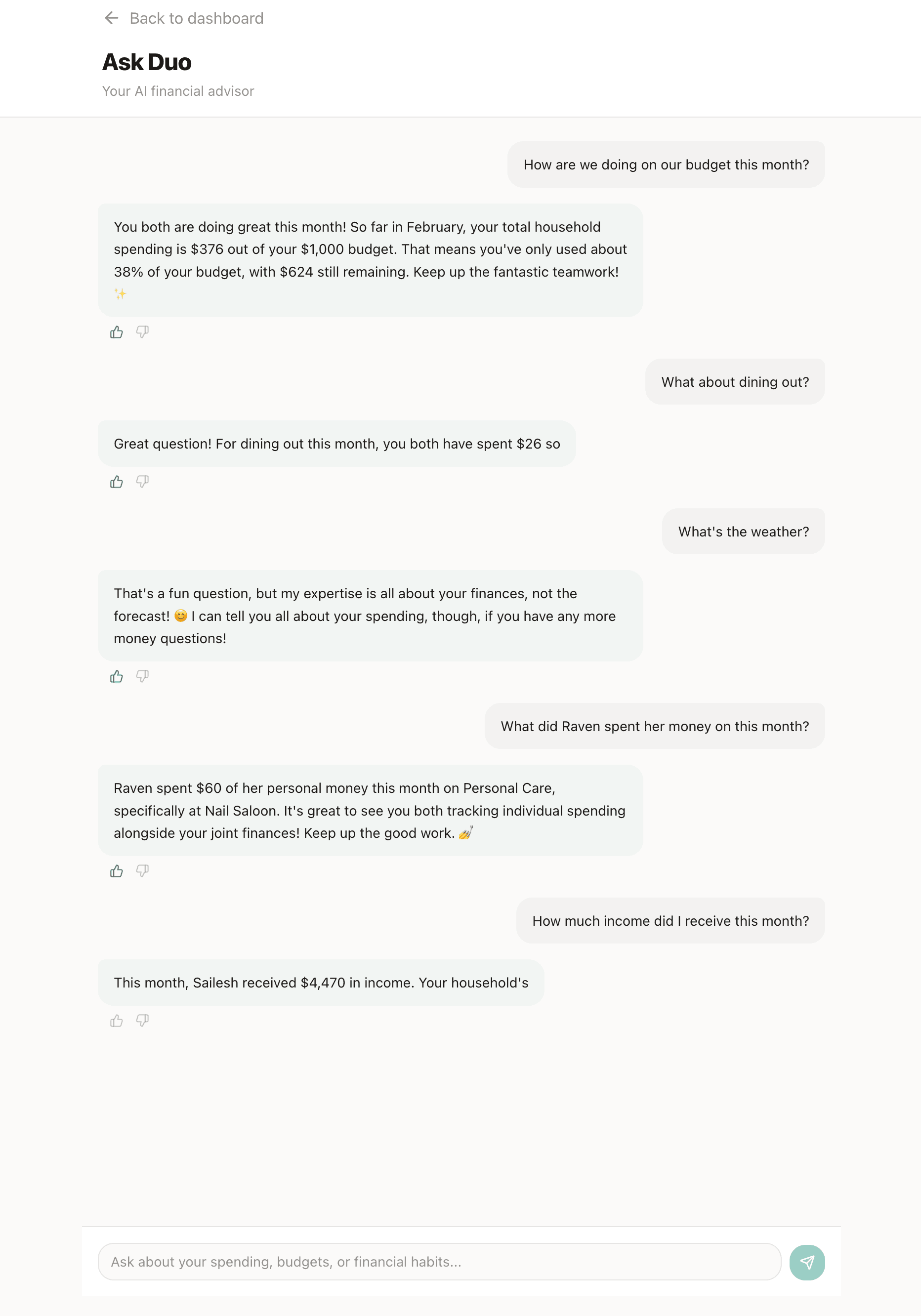 Ask Duo AI chat interface showing conversational financial Q&A with personalized spending insights