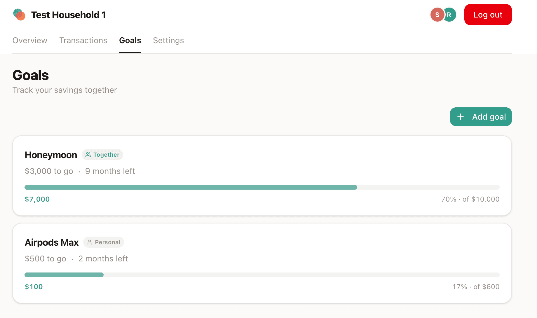 Goals page showing savings goals with progress bars, ownership badges, and add goal button