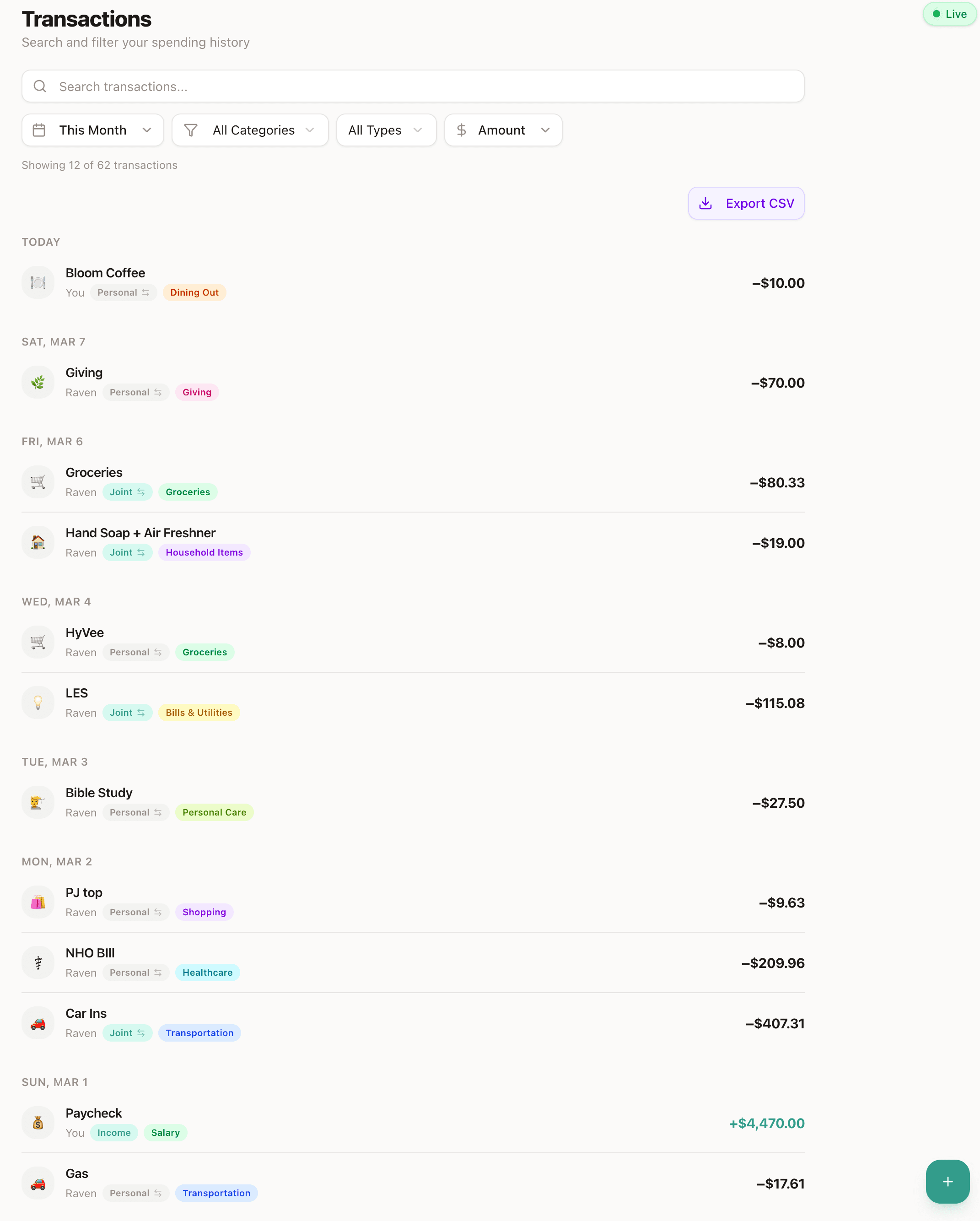 Transaction feed showing recent expenses with merchant names, categories, amounts, and personal/joint badges
