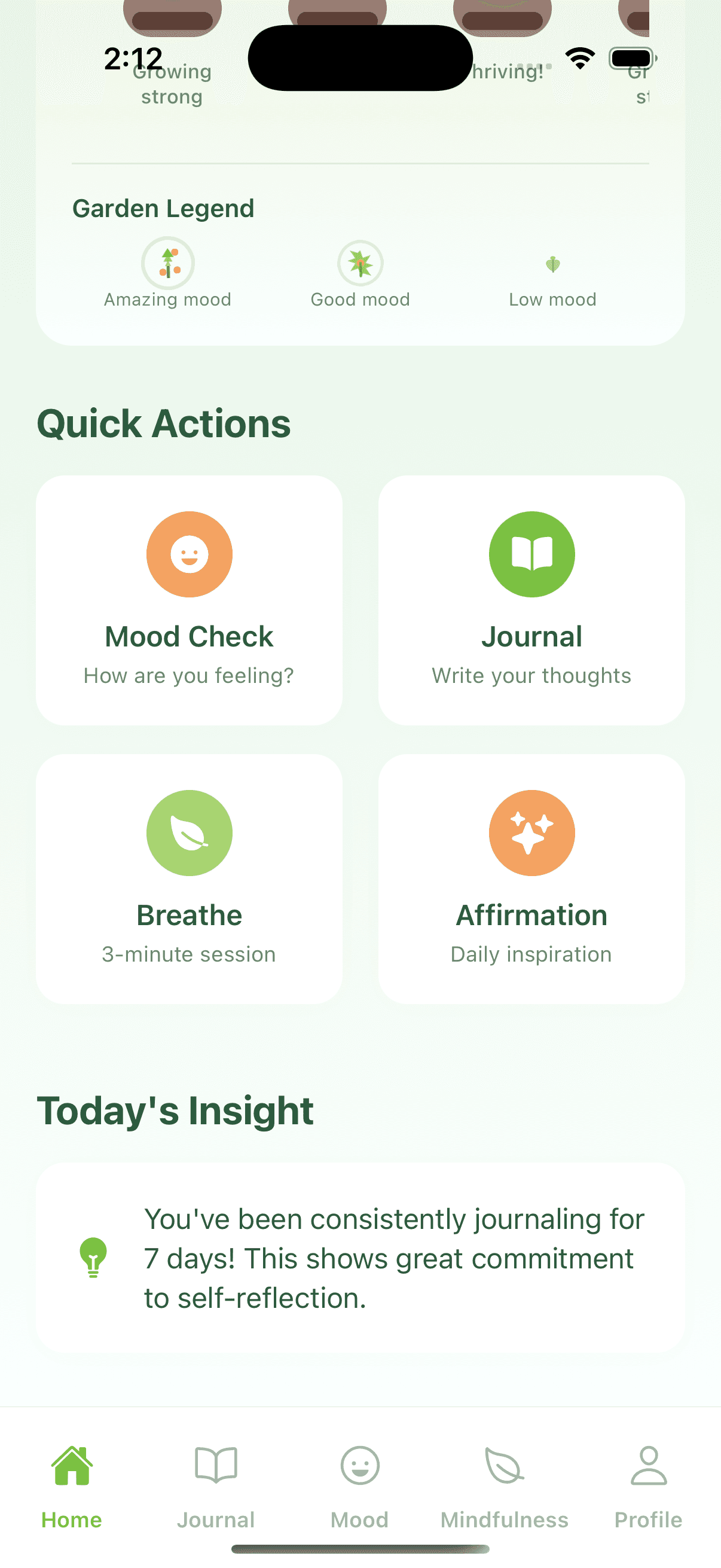 MindGarden home screen showing Quick Actions (Mood Check, Journal, Breathe, Affirmation) and Today's AI Insight
