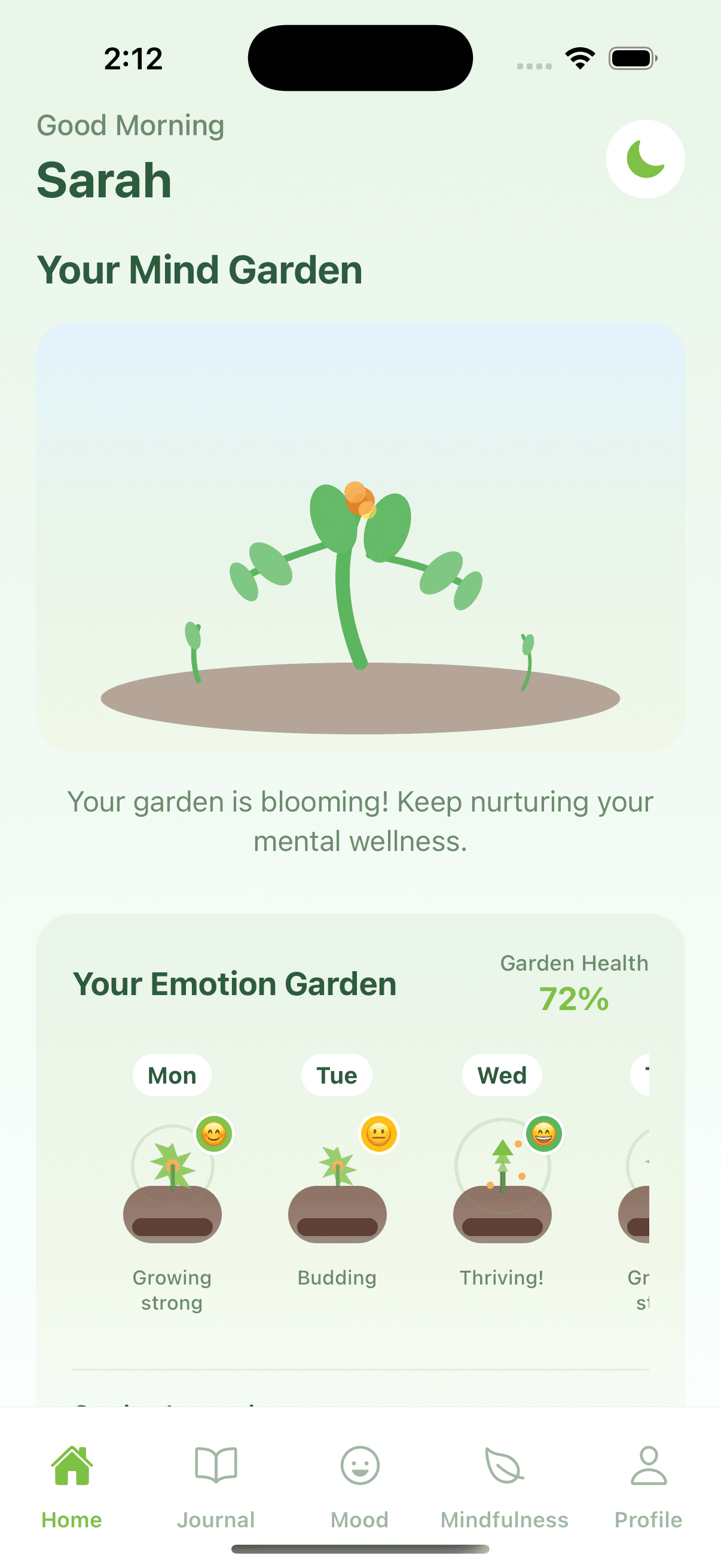 MindGarden home screen showing Emotion Garden with growing plants