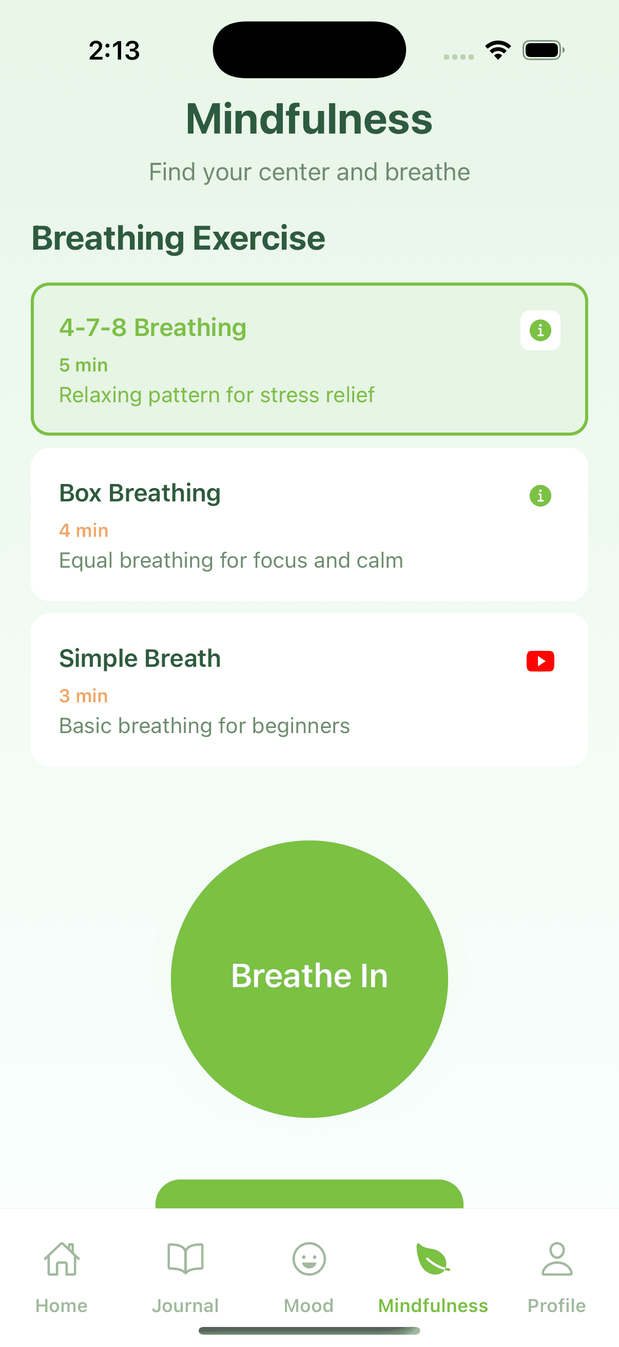 Mindfulness screen with breathing exercises and animated guide