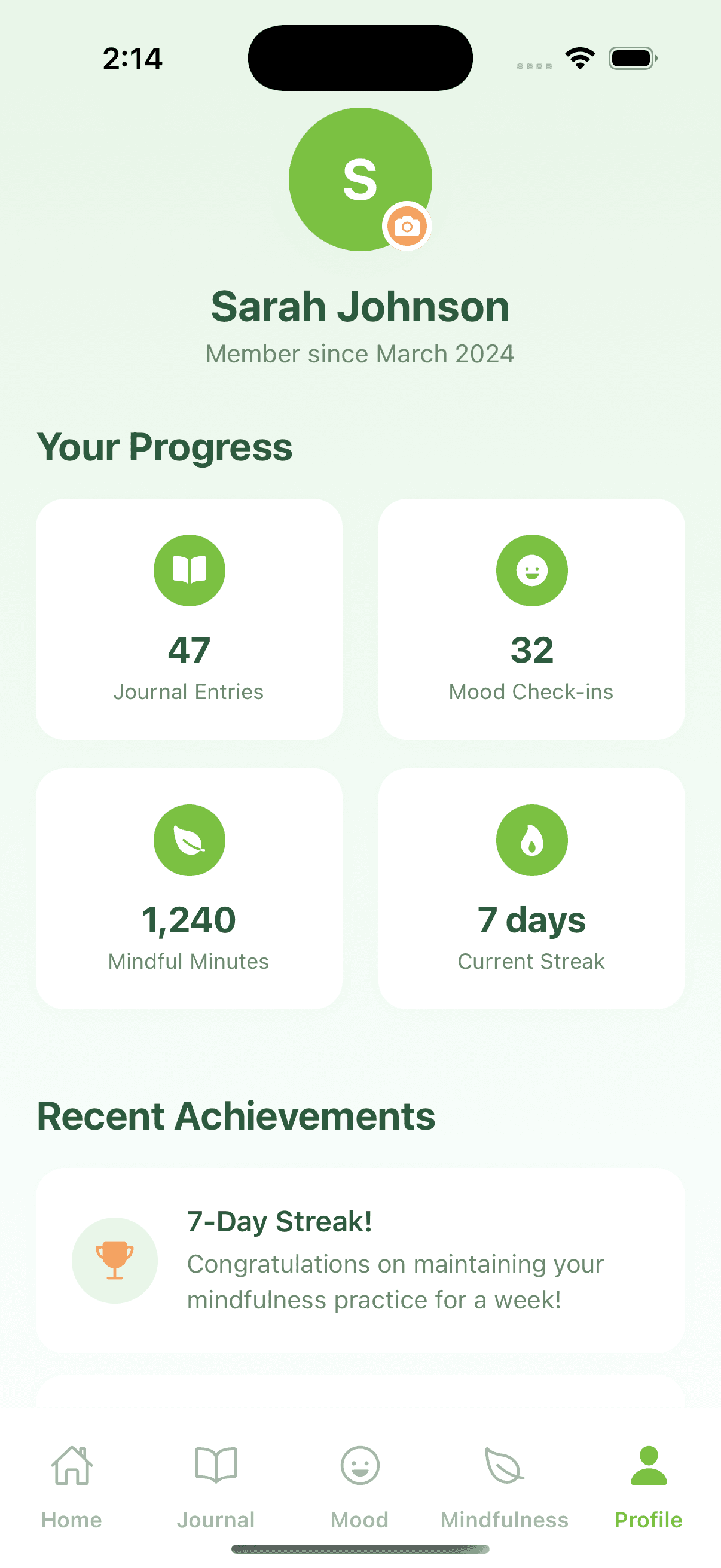 Profile screen showing progress stats: 47 journal entries, 32 mood check-ins, 1,240 mindful minutes, 7-day streak, and recent achievements