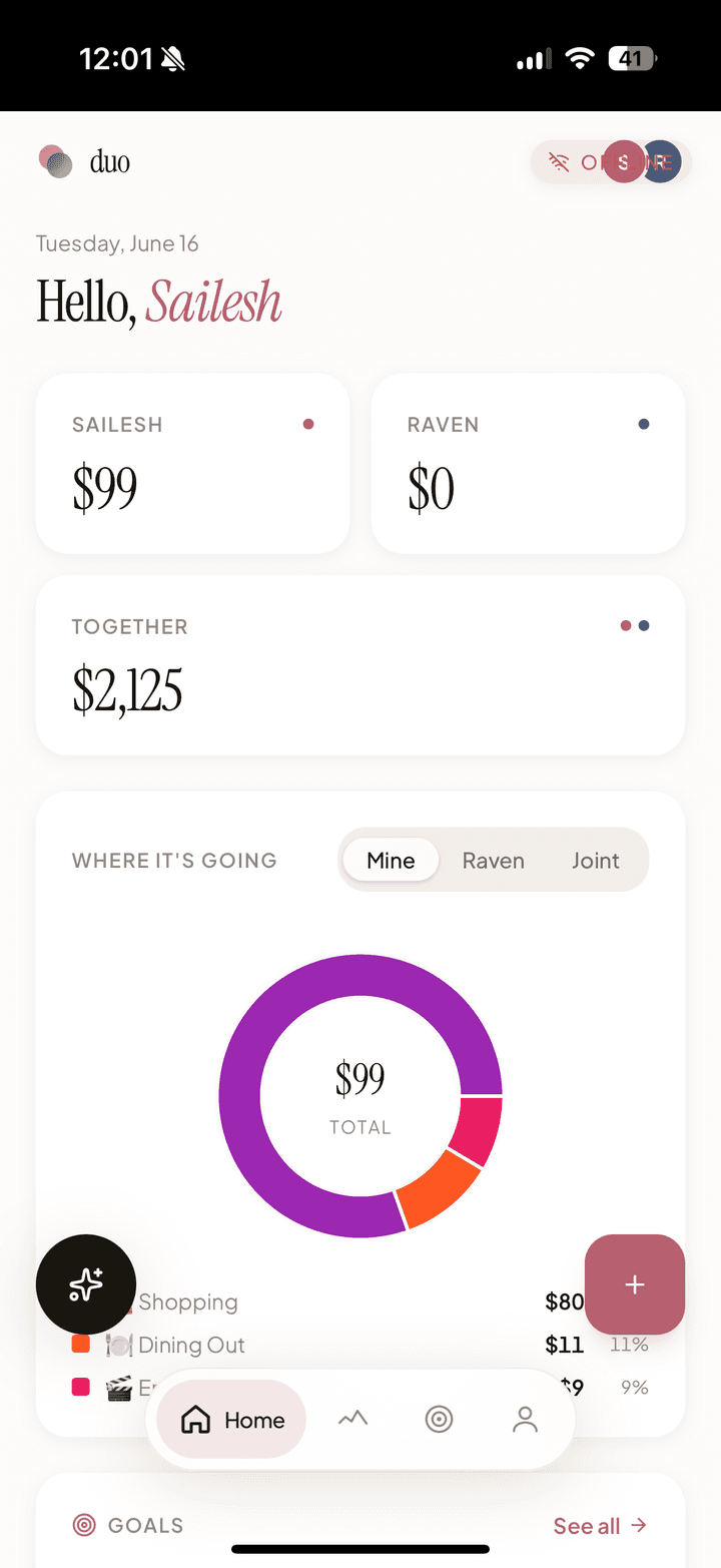 Duo home dashboard: per-partner spending, Together total, and a 'Where it's going' category donut