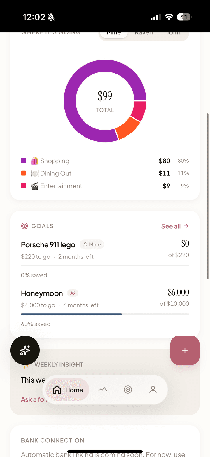Dashboard scrolled to the category breakdown with amounts and percentages, plus a goals preview and weekly insight card