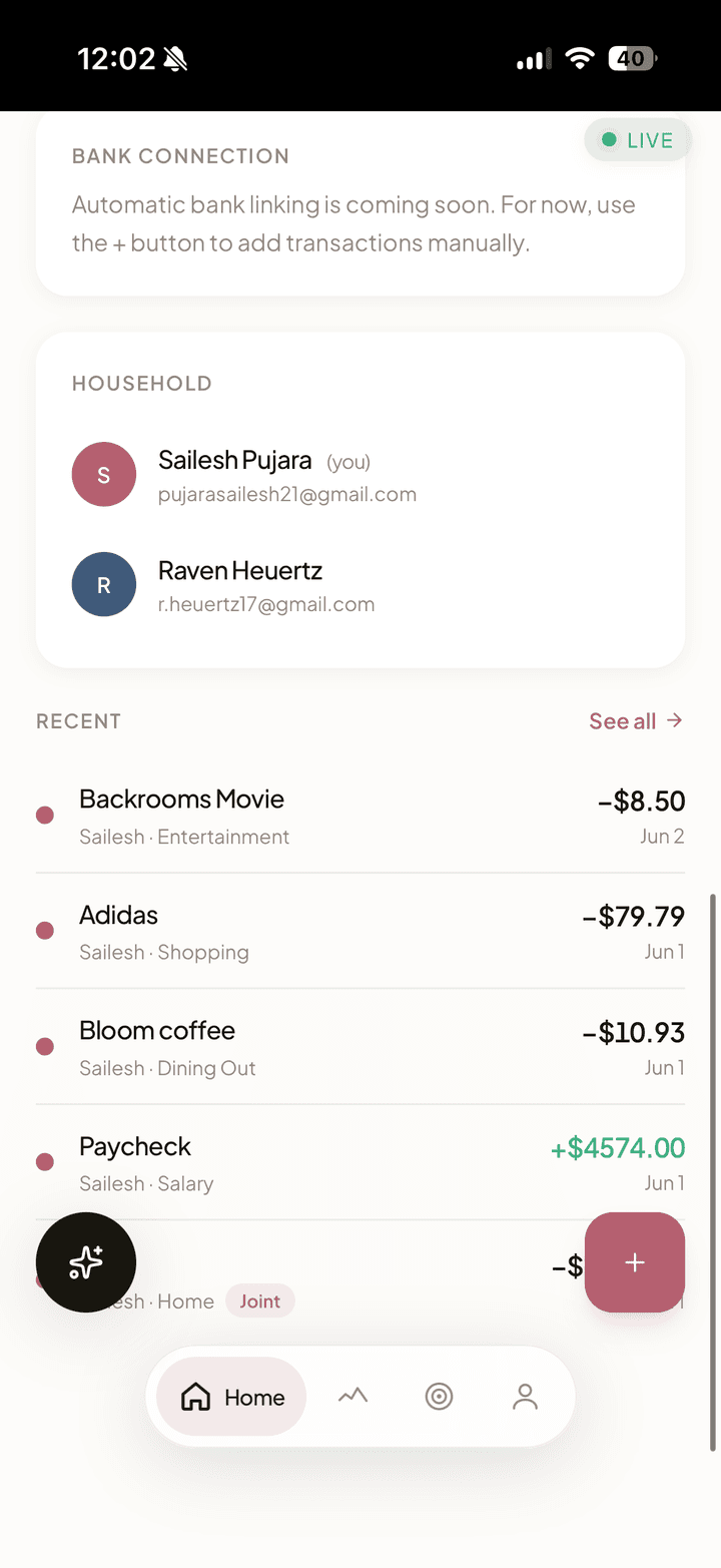 Dashboard household section showing both partners and a live feed of recent transactions
