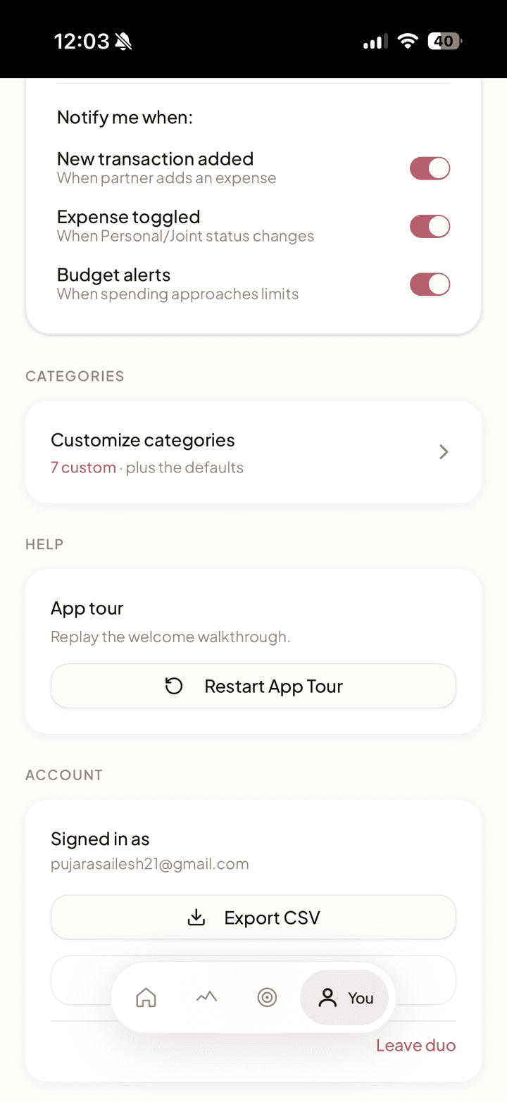 Settings showing notification toggles, a categories section with custom categories, and account controls
