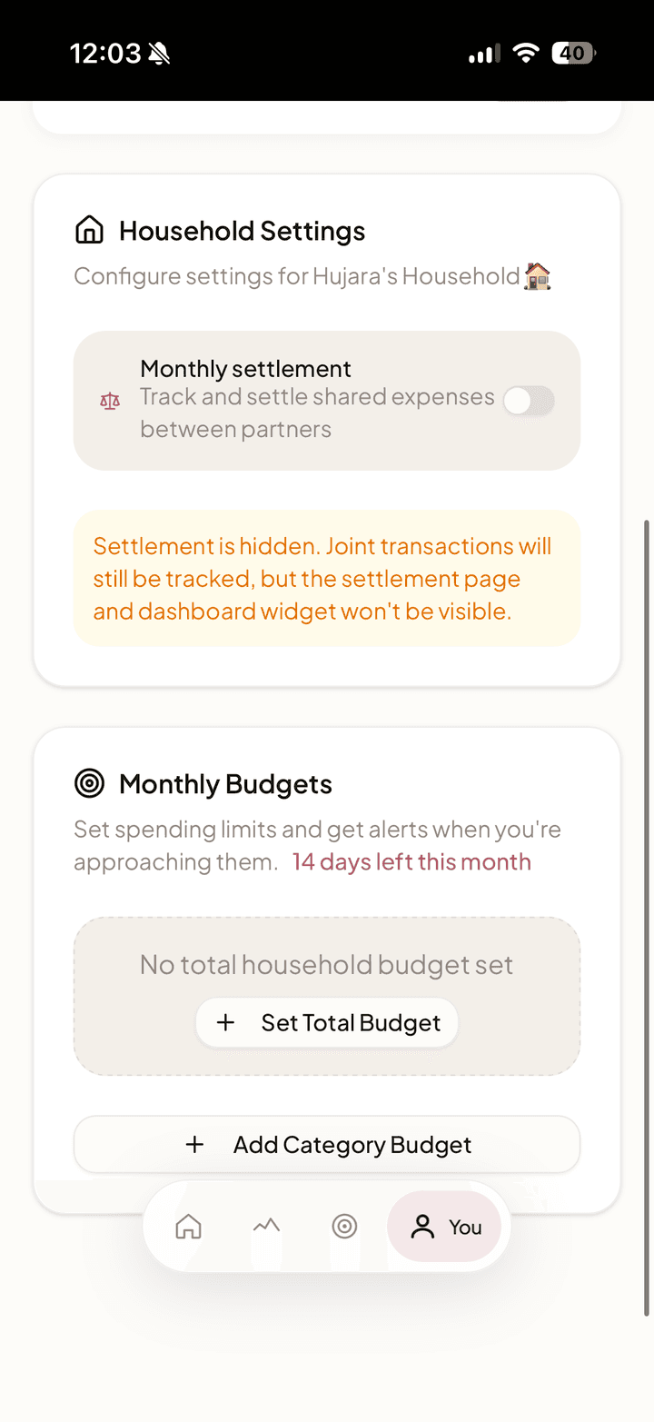 Household settings with a monthly settlement toggle and a Monthly Budgets section for setting total and per-category limits
