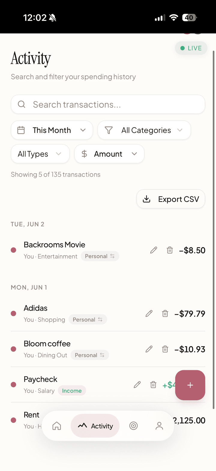Activity screen: a searchable, filterable feed of transactions, each with a Personal or Joint badge and a one-tap toggle